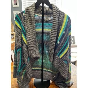 Roxy Womens Southwestern Geometric Open Front Shawl Collar Cardigan Grey Teal M